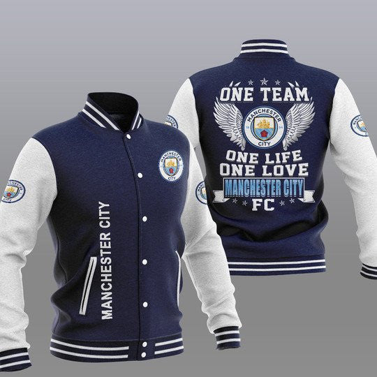 Manchester City Navy Blue One Team One Life One Love Varsity Jacket
