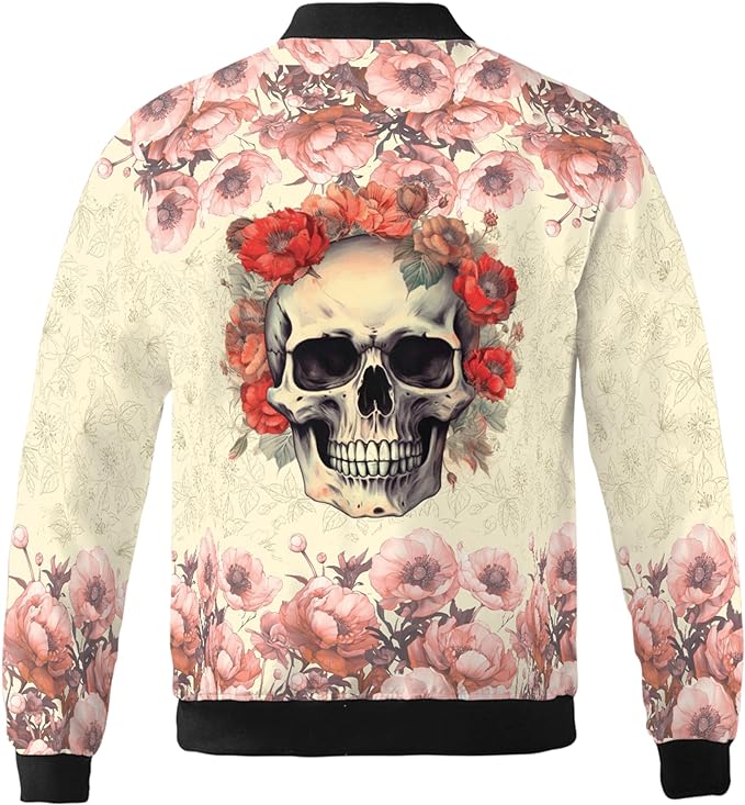 Skull Bomber Jacket Vintage Flowers And Skull Bomber Pink Yellow Unisex Jacket Jacket
