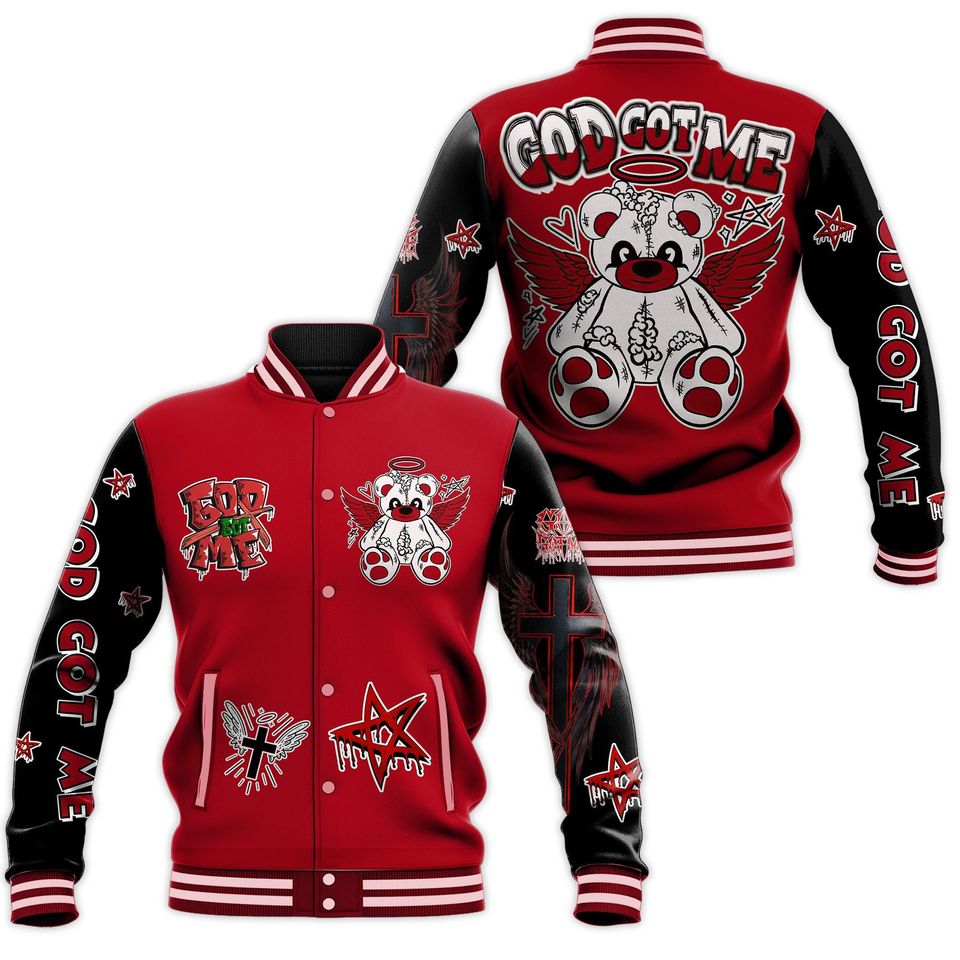 Red 'God Got Me' Bear Varsity Jacket - Trendy Streetwear, Unisex, Graphic Design