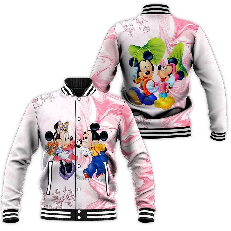 Vibrant Cartoon Couple Bomber Jacket - Stylish Pink &amp; White Design For Fans