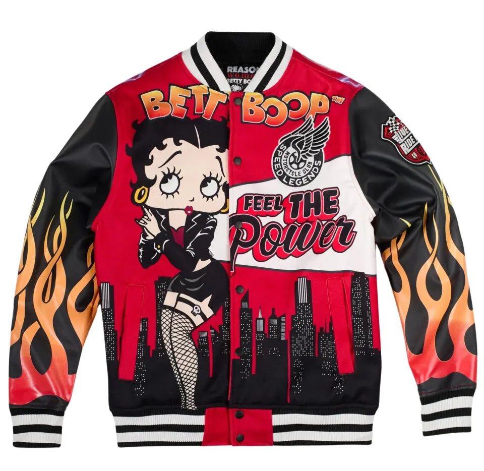 Betty Boop Graphic Bomber Jacket – Vibrant Cartoon Style With Flames &amp; Urban Skyline Design