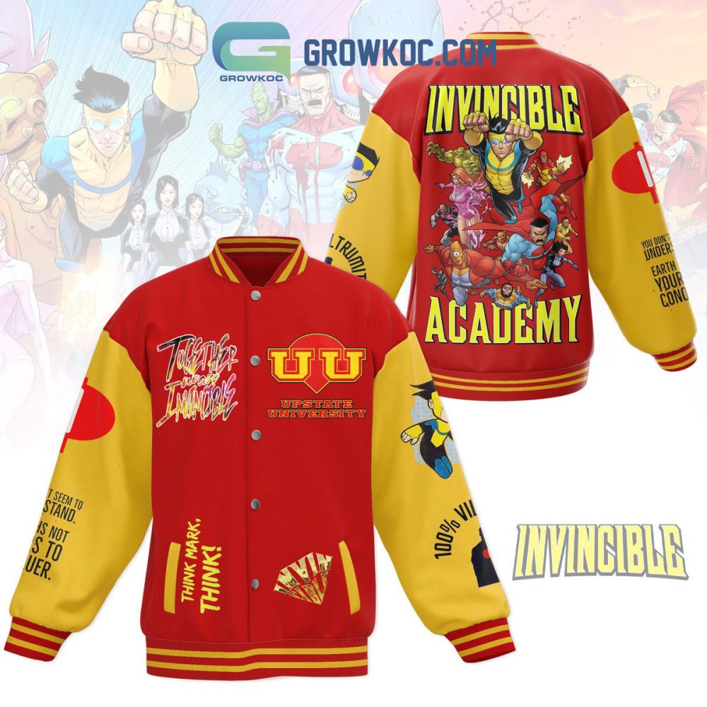 Invincible Academy Varsity Jacket - Vibrant Red &amp; Yellow Superhero Design
