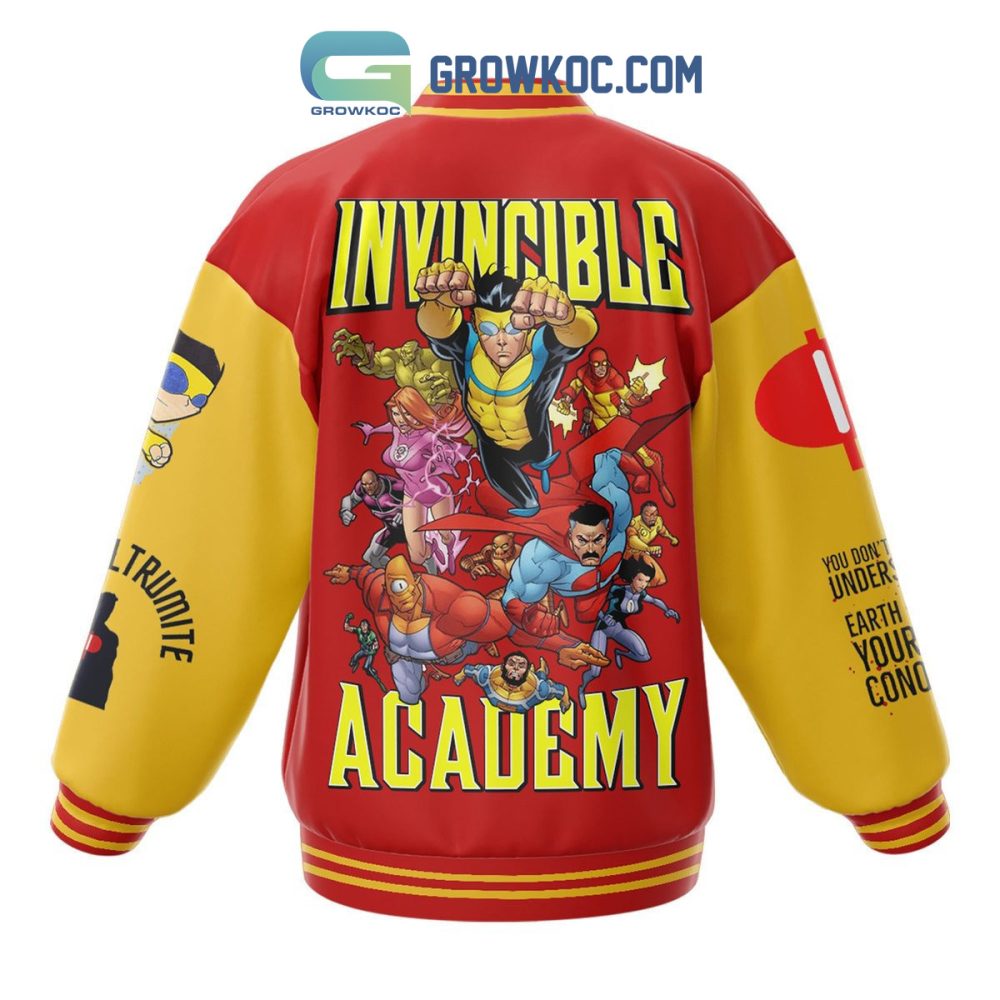 Invincible Academy Varsity Jacket - Vibrant Red &amp; Yellow Superhero Design