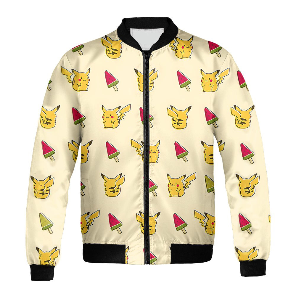 Pokemon Bomber Jacket Chibi Pikachu And Watermelon Pattern Bomber Yellow Unisex Jacket Jacket