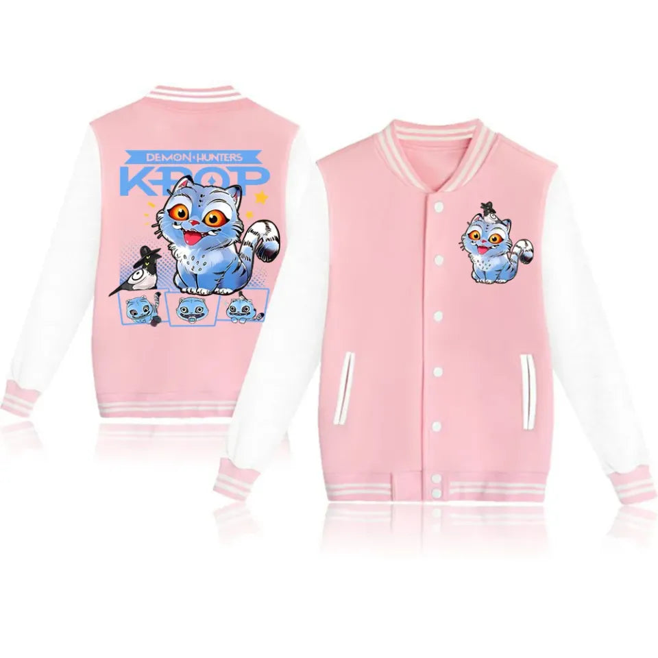 Pink Cartoon Cat Varsity Jacket - Cute Demon Hunters Design, Cozy &amp; Stylish!