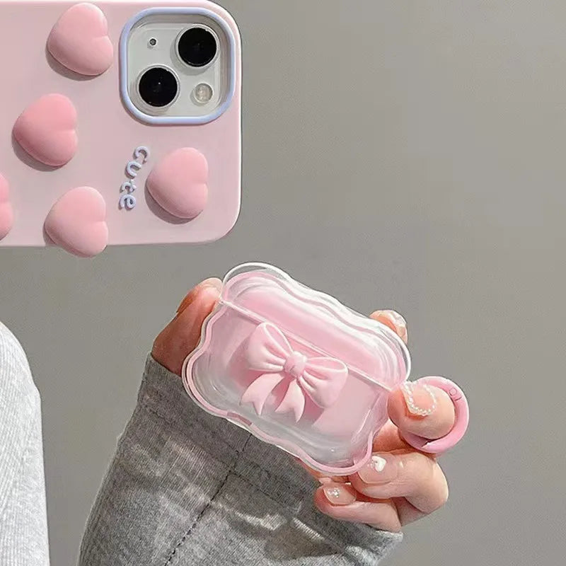 For AirPods Pro3 4 3 2 1 Pro Cute Wave Case Girly 3D Pink Bow Soft TPU Kawaii Generation Cover with Kit Keychain Girls Women