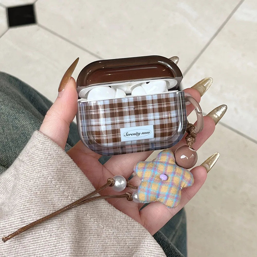 Ins Fashion Brown Grid Case For AirPods 4 ANC Pro 2 Earphone Protecitve Cover For AirPods 1 2 3 4th Soft Case with Star Keychain