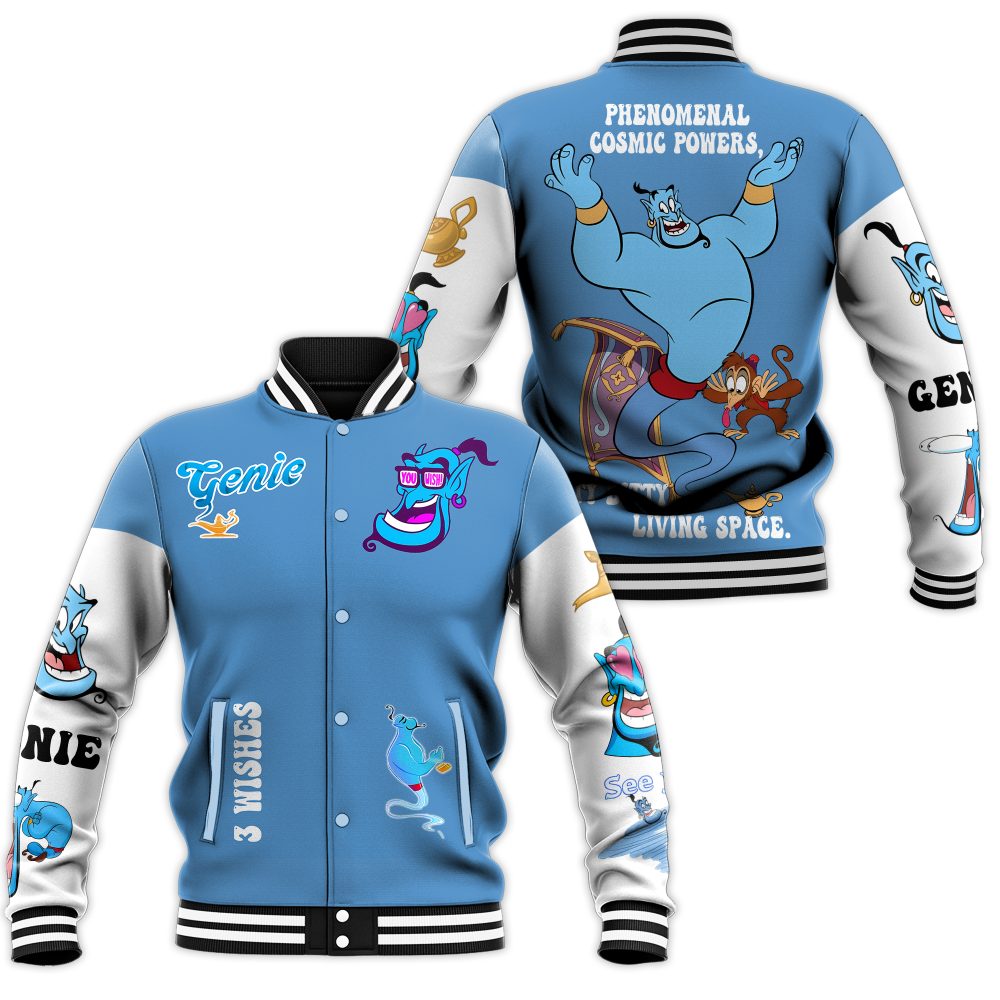Magical Genie Themed Varsity Jacket – Vibrant Blue Cartoon Design, Unisex, Cozy &amp; Stylish
