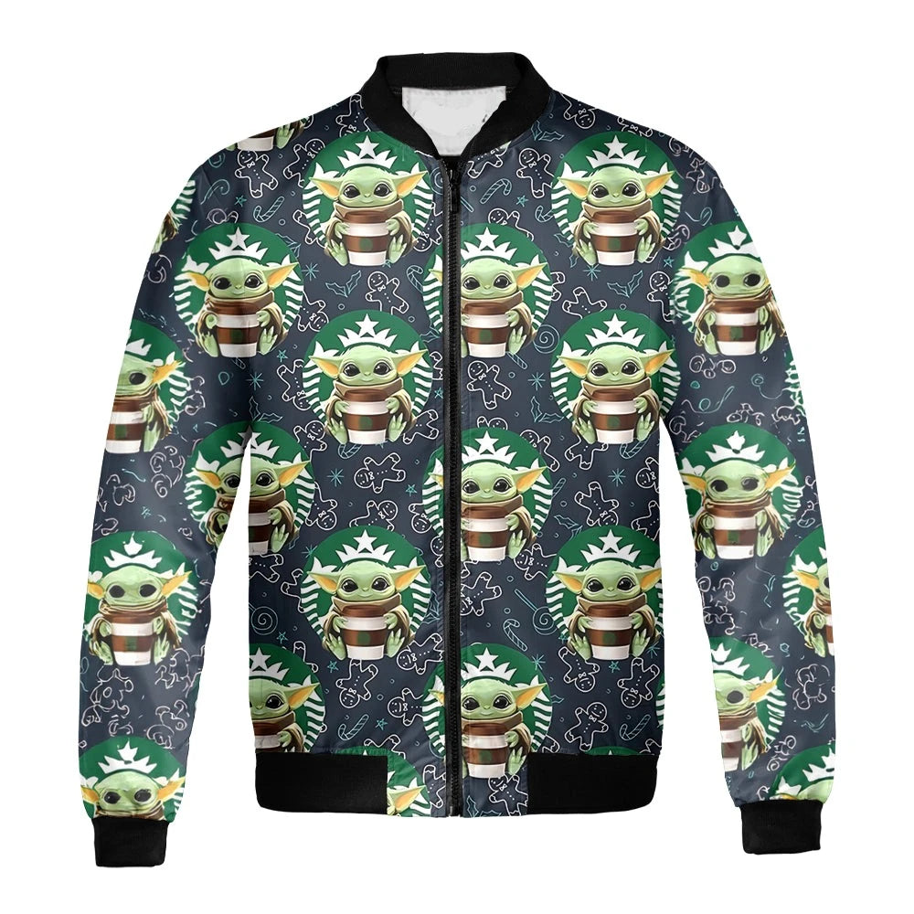 Star Wars Bomber Jacket Grogu Coffee Christmas Pattern Bomber Black Green Unisex Jacket Jacket