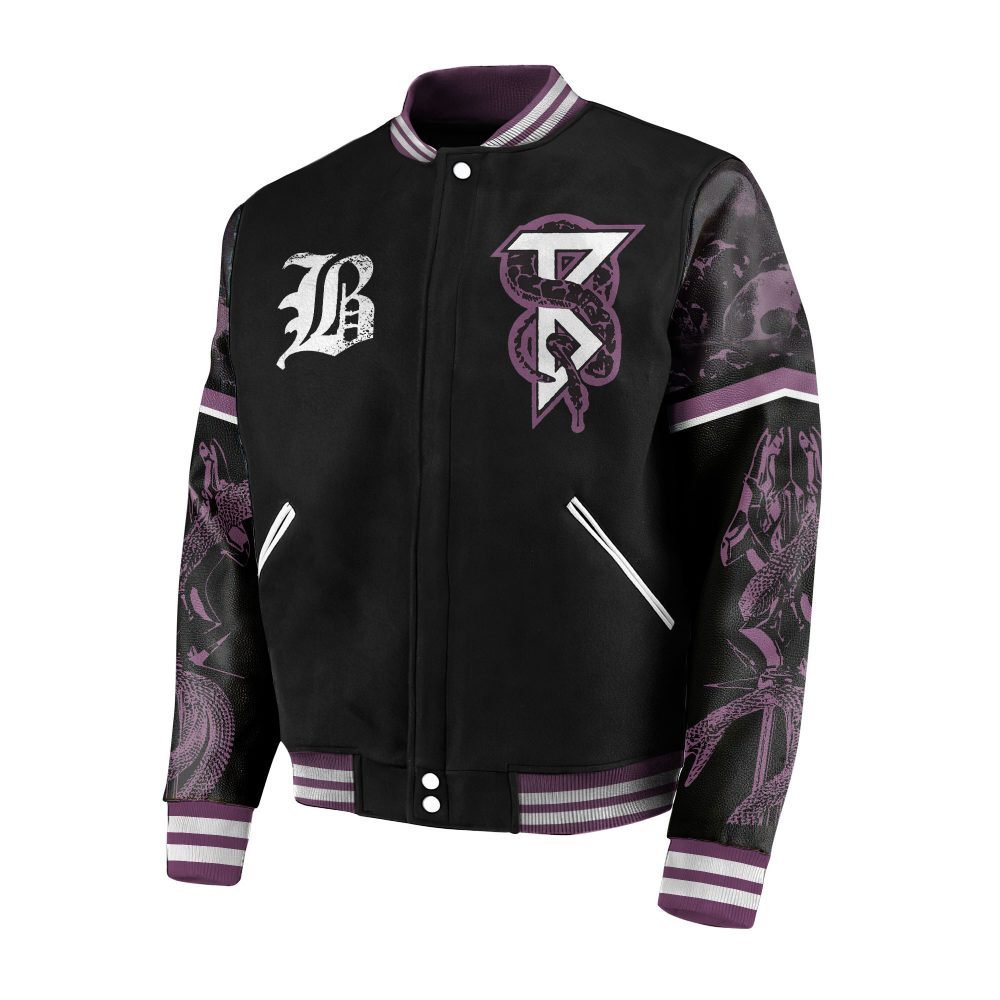 Men'S Gothic Graphic Varsity Jacket - Bold Black &amp; Purple Streetwear