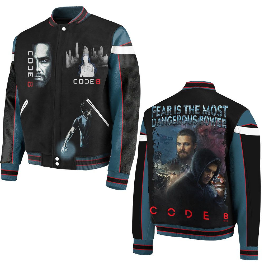 Code 8 Movie Themed Varsity Jacket – Stylish Wear For Sci-Fi Fans