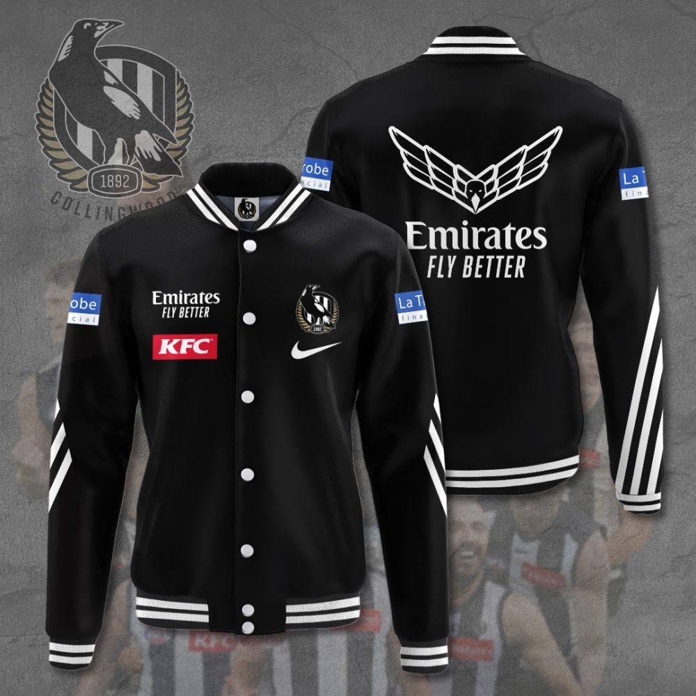 Official Collingwood Fc Varsity Jacket - Stylish Black Design, Perfect For Fans!
