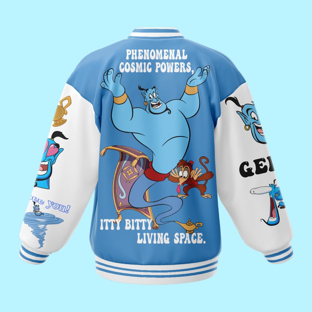 Magical Genie Varsity Jacket – Stylish Blue Cartoon Bomber With Fun Graphics
