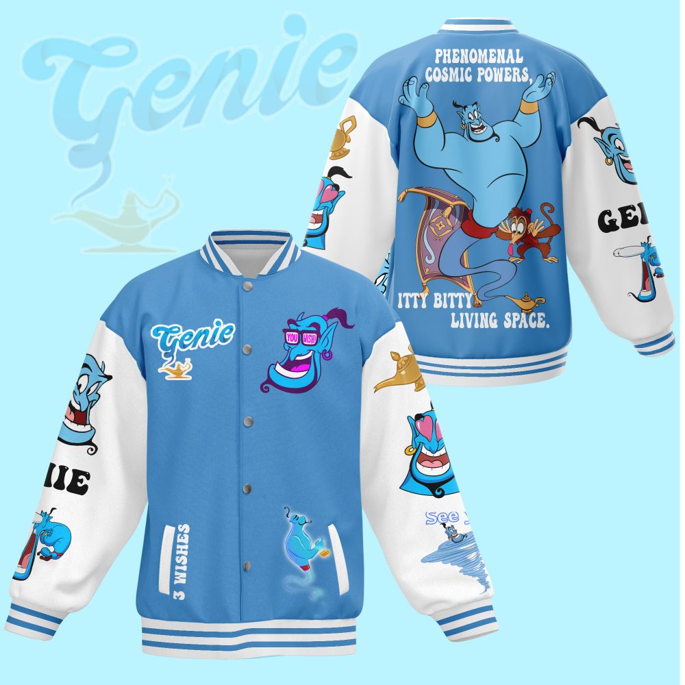 Magical Genie Varsity Jacket – Stylish Blue Cartoon Bomber With Fun Graphics