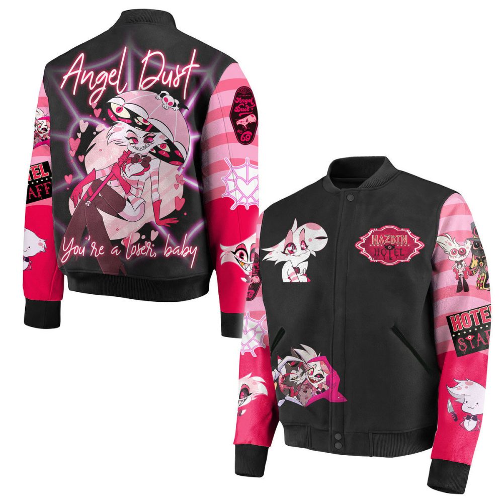 Stylish Angel Dust Bomber Jacket - Vibrant Pink &amp; Black Graphic Design, Perfect For Fans!