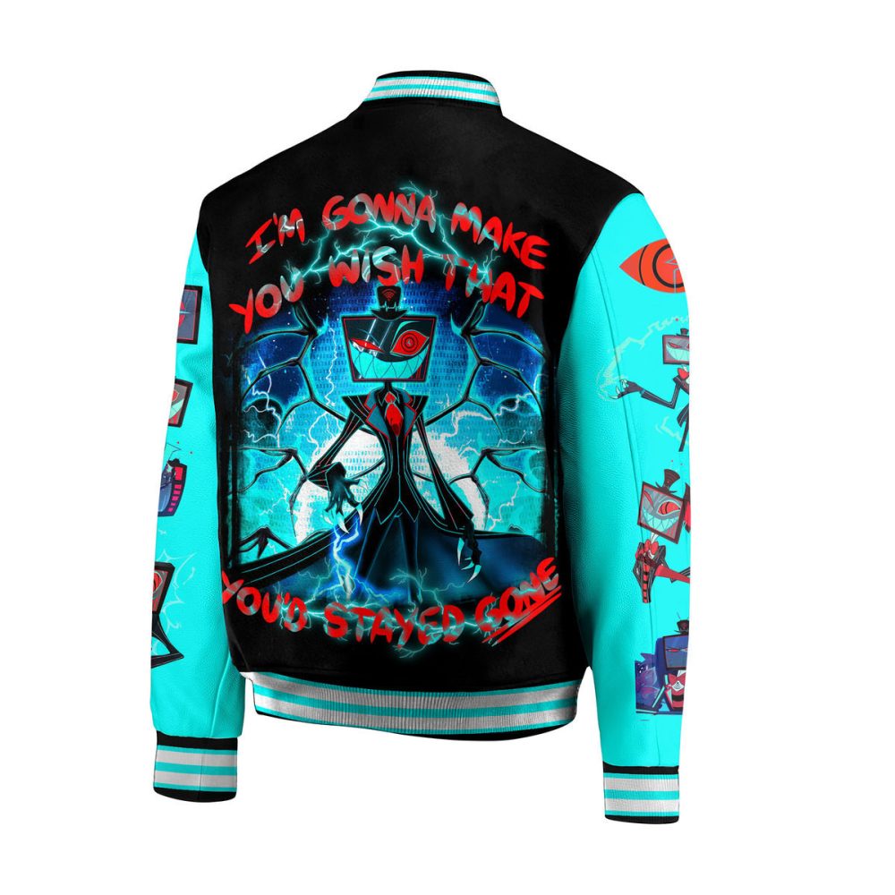 Vibrant Hazbin Hotel Varsity Jacket – Bold Anime Art &amp; Text Graphics