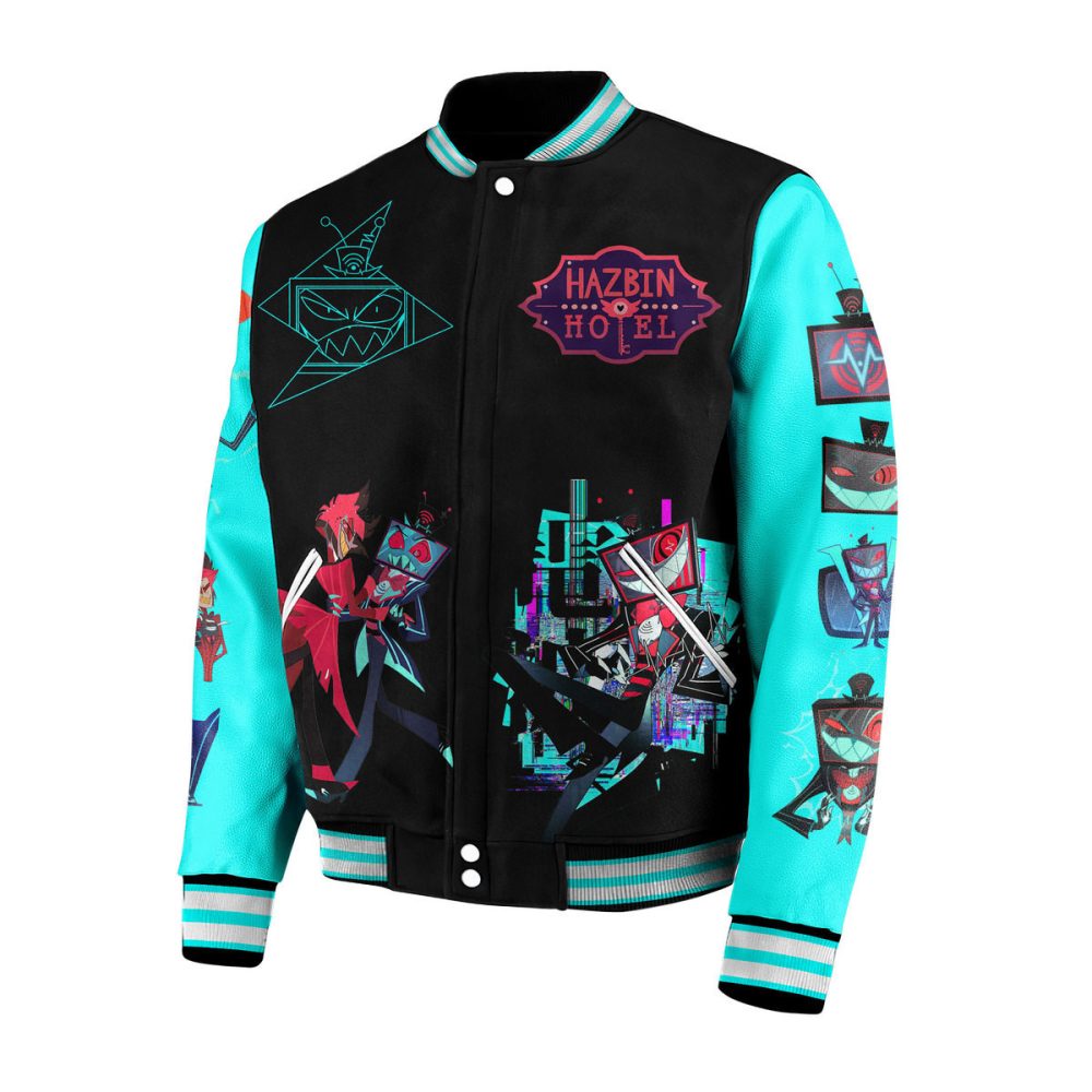Vibrant Hazbin Hotel Varsity Jacket – Bold Anime Art &amp; Text Graphics