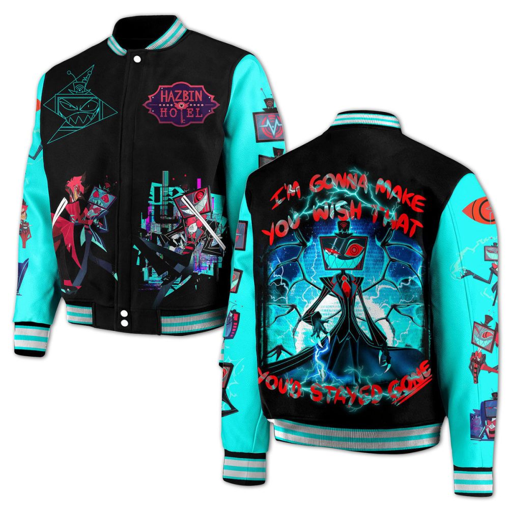 Vibrant Hazbin Hotel Varsity Jacket – Bold Anime Art &amp; Text Graphics