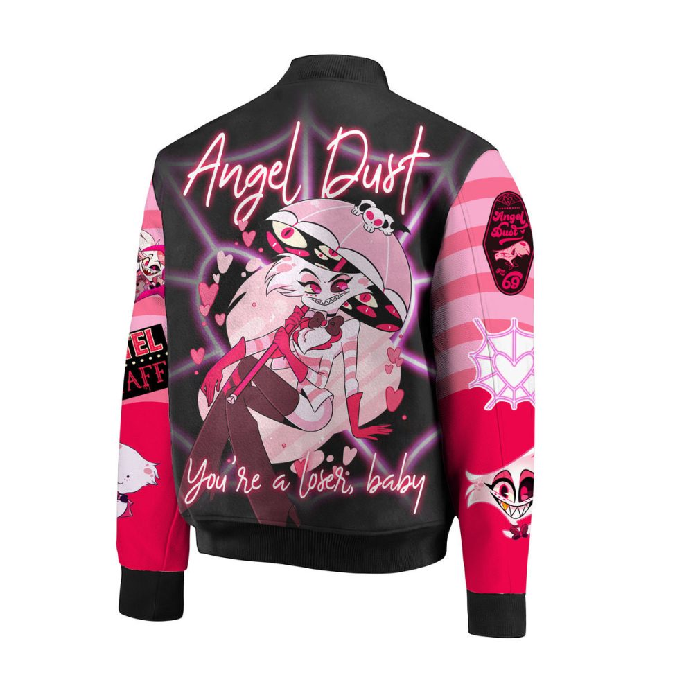 Stylish Angel Dust Bomber Jacket - Vibrant Pink &amp; Black Graphic Design, Perfect For Fans!