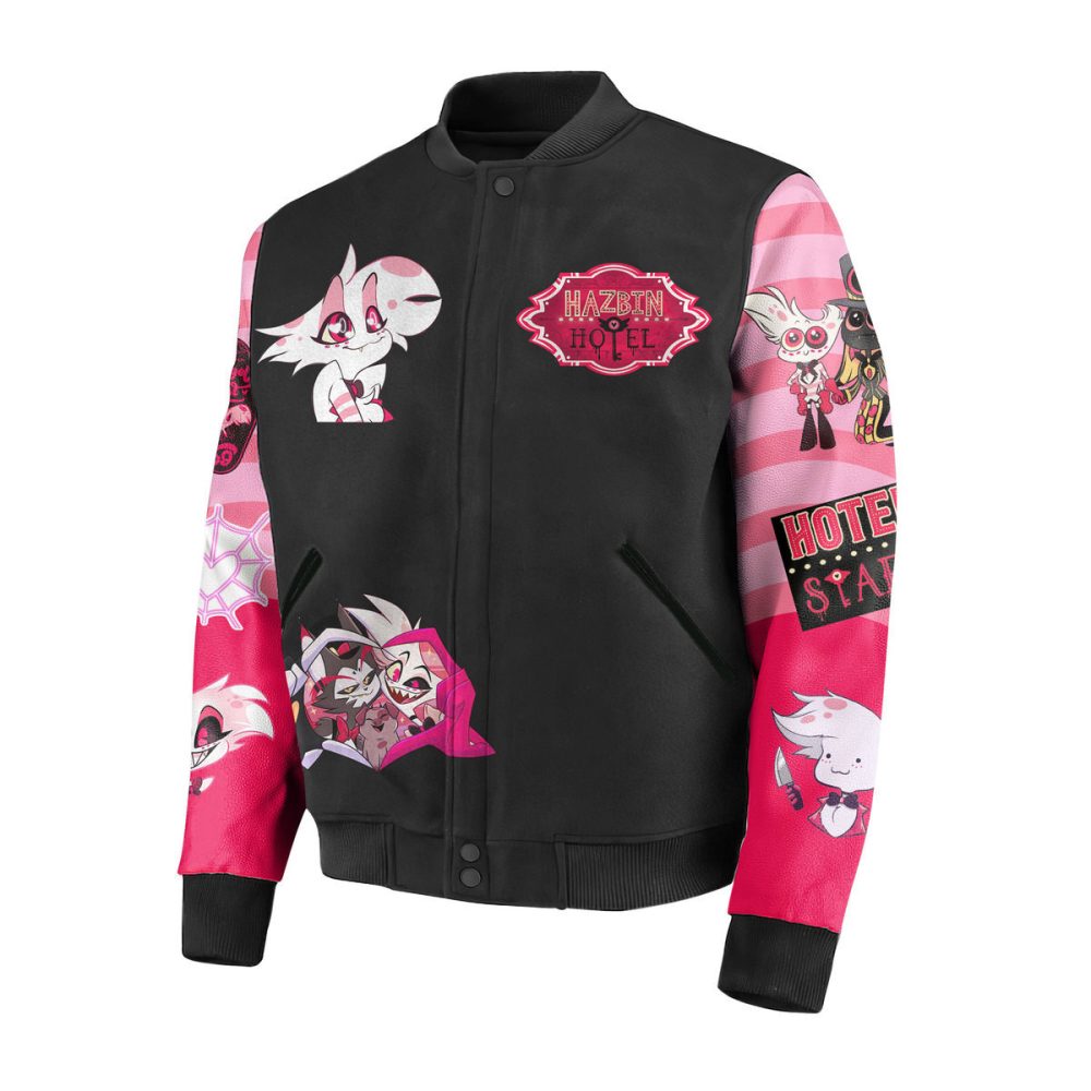 Stylish Angel Dust Bomber Jacket - Vibrant Pink &amp; Black Graphic Design, Perfect For Fans!