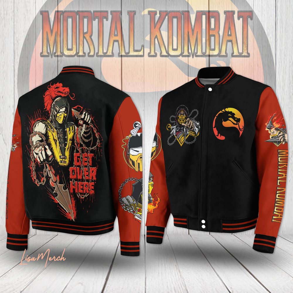 Ultimate Mortal Kombat Varsity Jacket - Scorpion Design - Get Over Here Graphic - Unisex Retro Gamer Apparel
