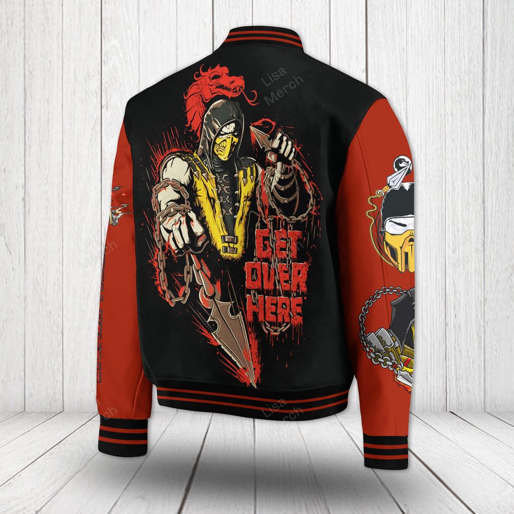 Ultimate Mortal Kombat Varsity Jacket - Scorpion Design - Get Over Here Graphic - Unisex Retro Gamer Apparel
