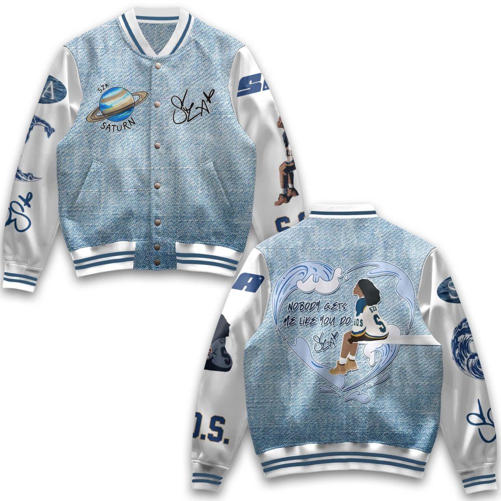Trendy Blue Saturn Graphic Varsity Jacket - Stylish Unisex Fashion Outerwear