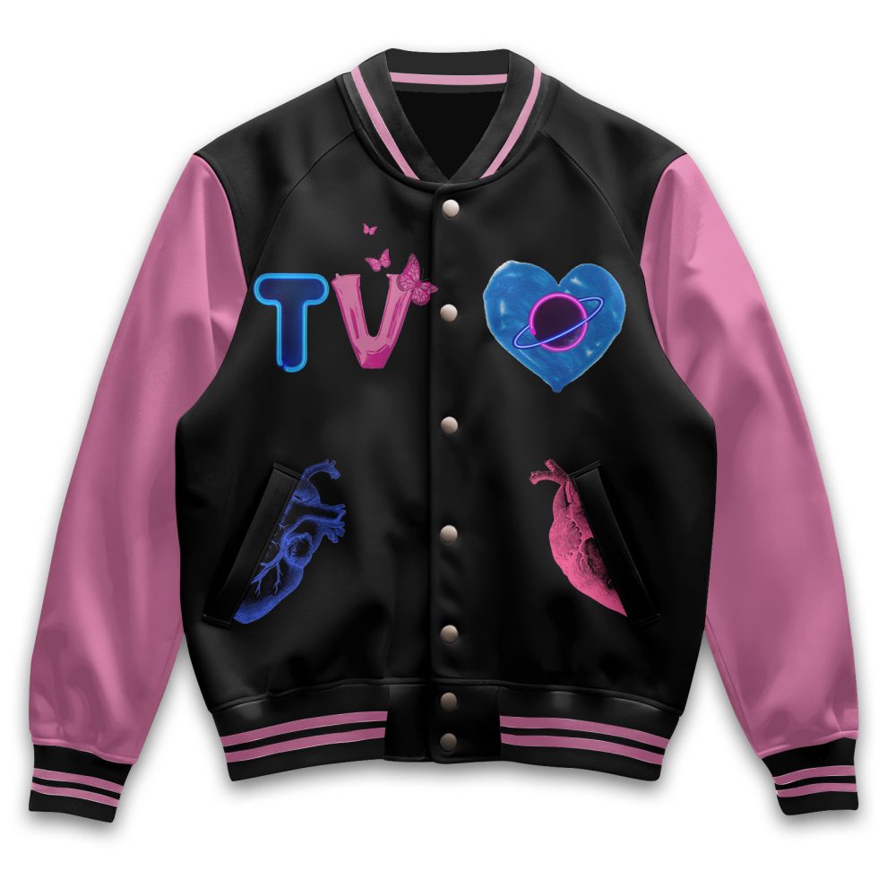 Trendy Tv Girl Varsity Jacket - Pink &amp; Black Retro Style With Graphic Print