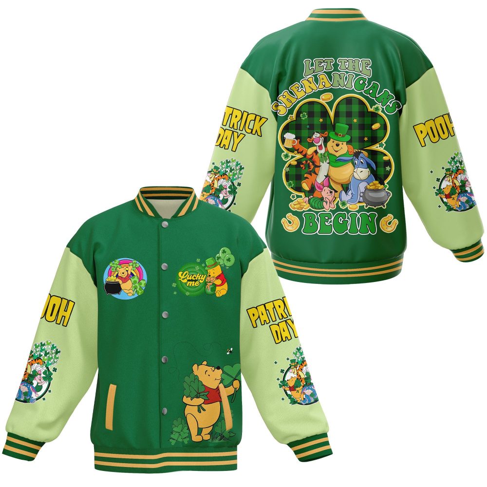 St. Patrick'S Day Pooh Varsity Jacket - Fun &amp; Festive Cartoon Design