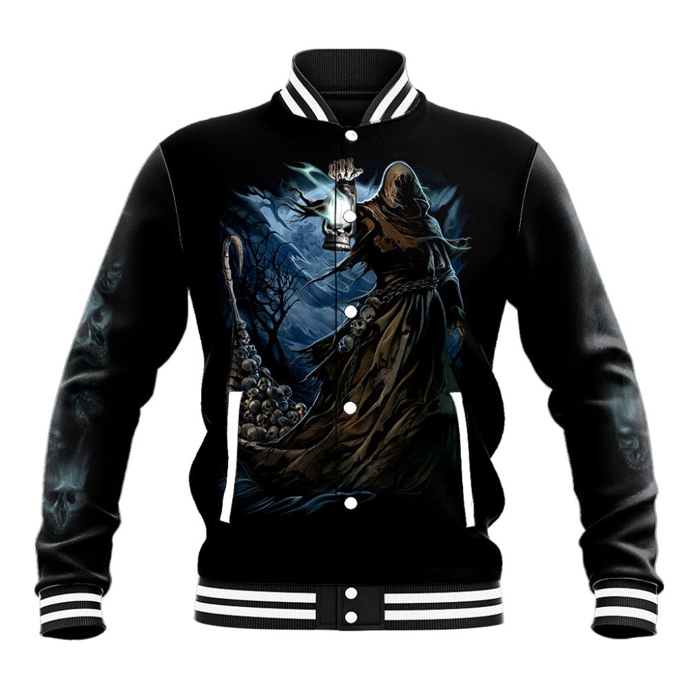 Grim Reaper Baseball Jacket The Ferryman Of The Underworld With Charon Skull Black Dt01
