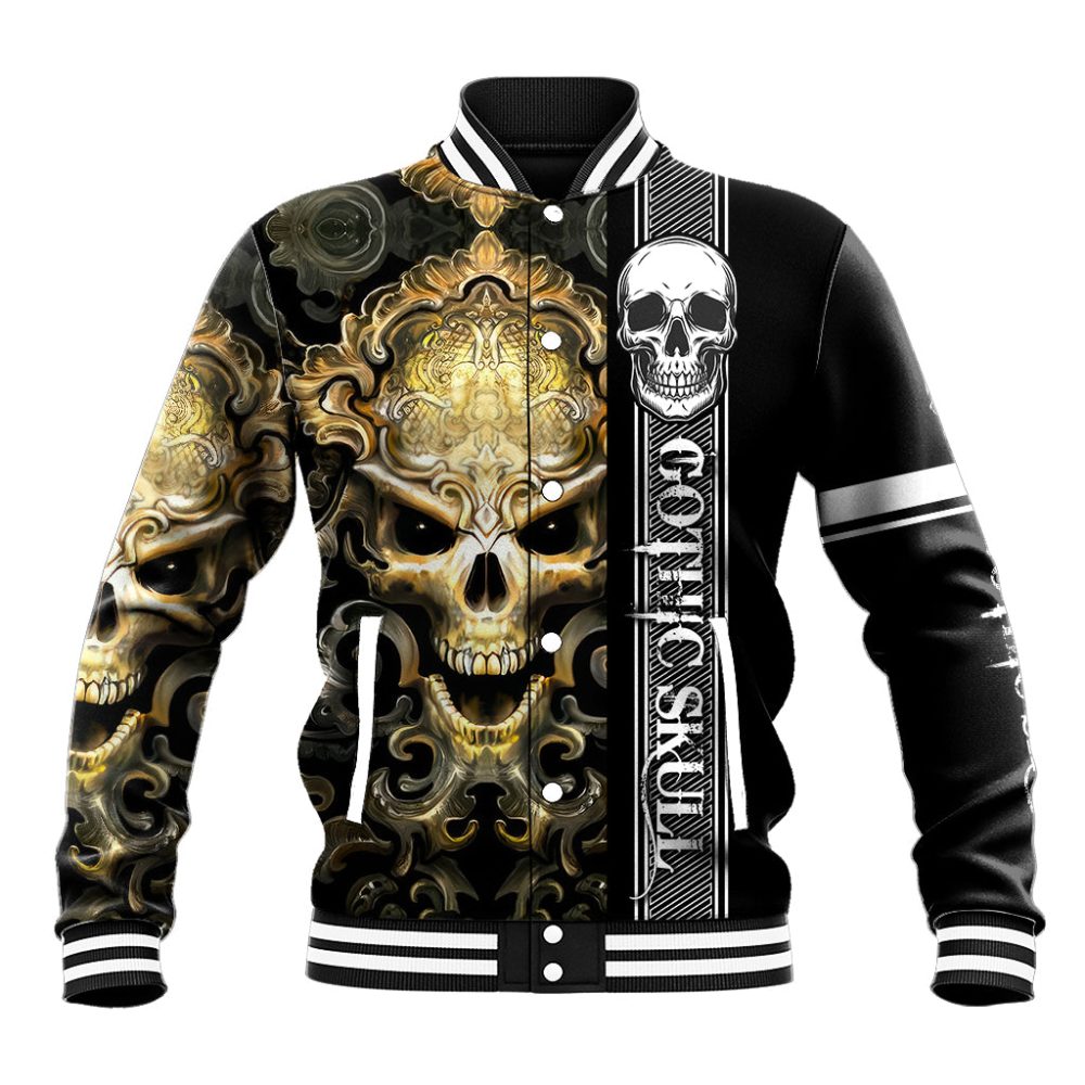 Golden Gothic Skull Baseball Jacket Embracing Ancient Elegance Dt01