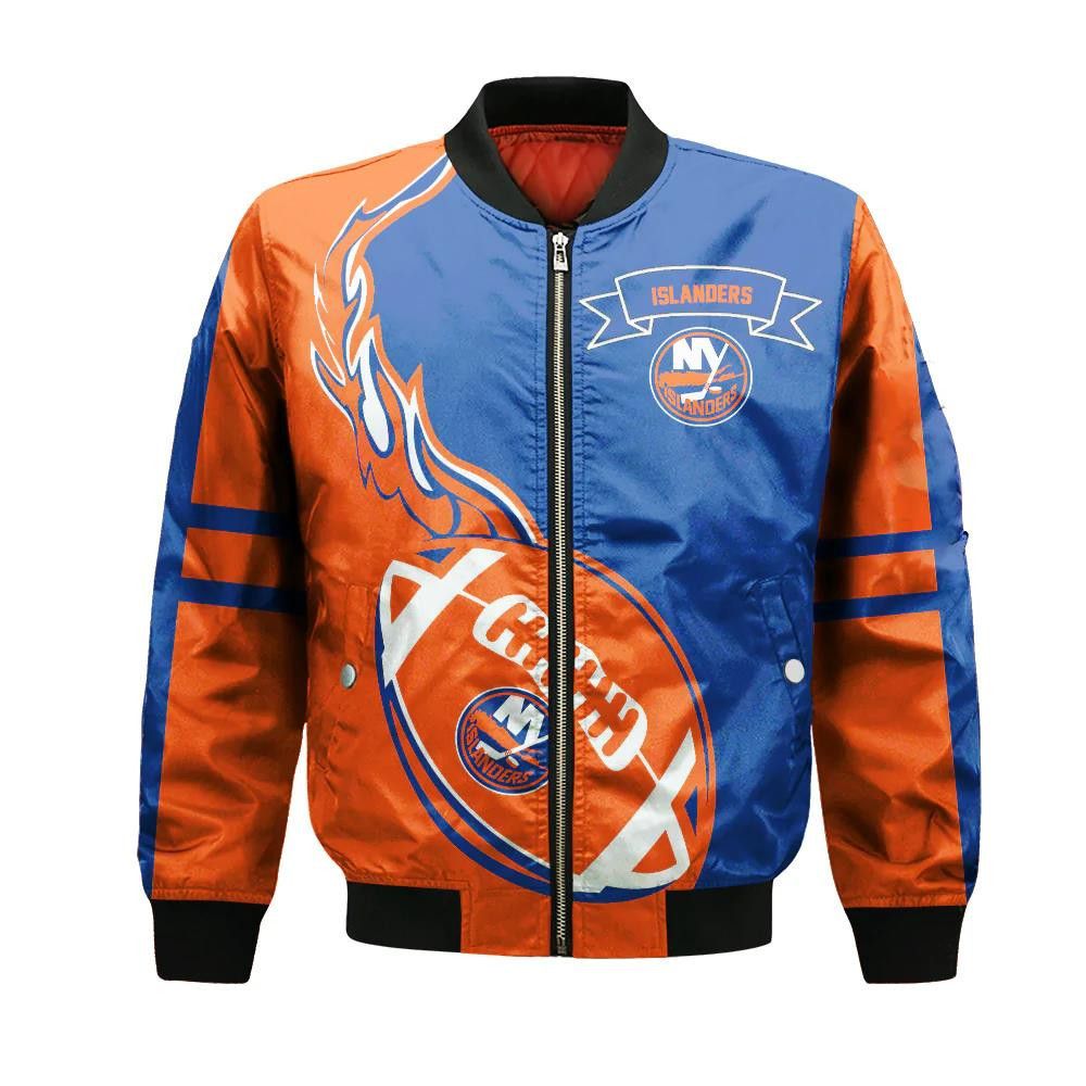 New York Islanders Bomber Jacket 3D Printed Flame Ball Pattern