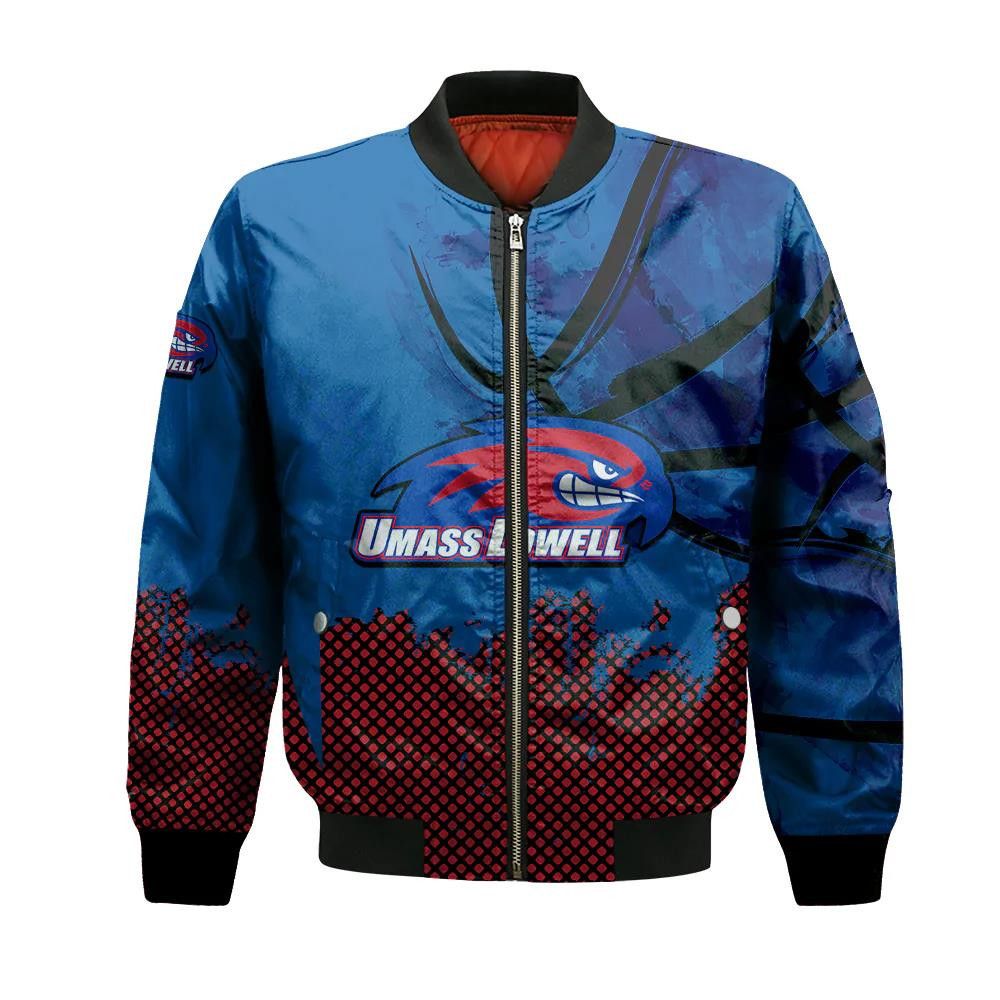 Umass Lowell River Hawks Bomber Jacket 3D Printed Basketball Net Grunge Pattern