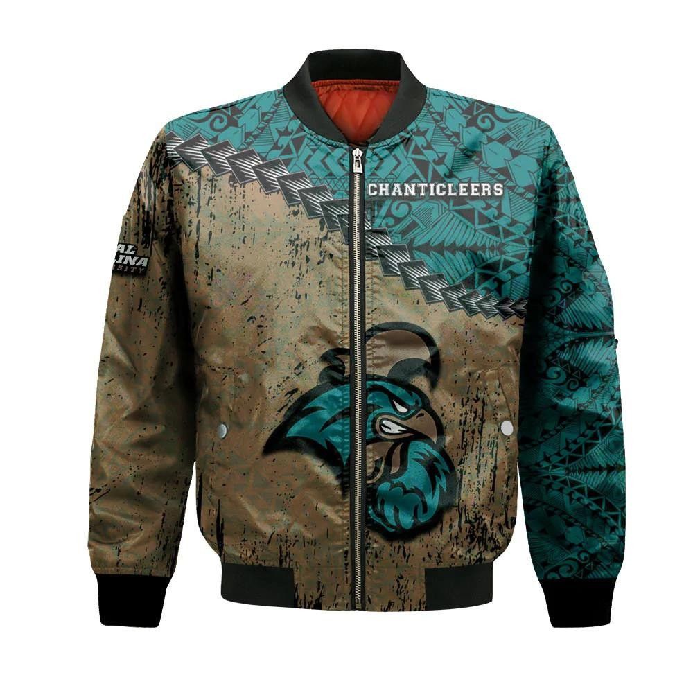Coastal Carolina Chanticleers Bomber Jacket 3D Printed Grunge Polynesian Tattoo