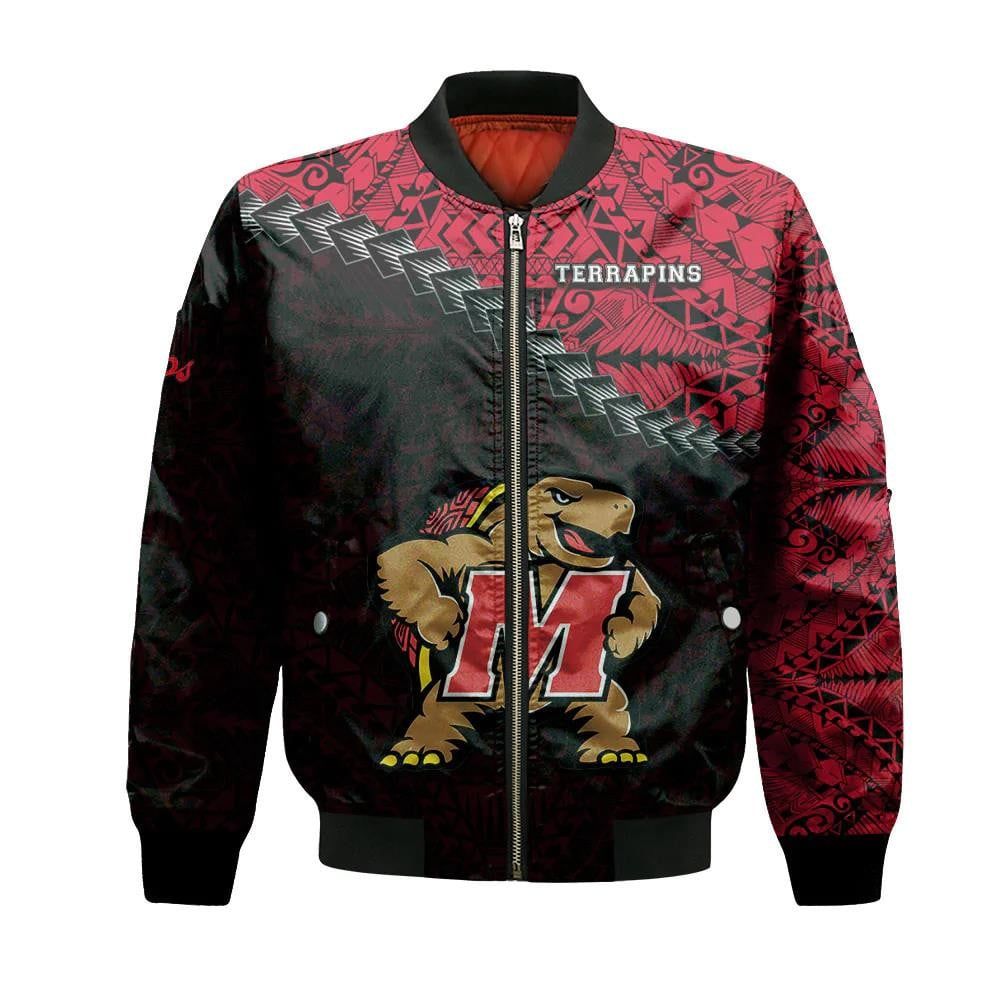 Maryland Terrapins Bomber Jacket 3D Printed Grunge Polynesian Tattoo