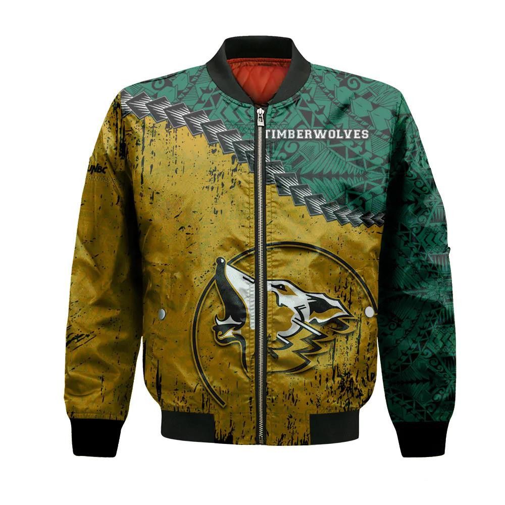Unbc Timberwolves Bomber Jacket 3D Printed Grunge Polynesian Tattoo