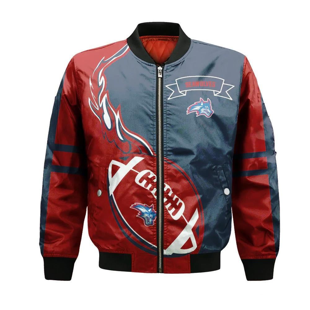 Stony Brook Seawolves Bomber Jacket 3D Printed Flame Ball Pattern
