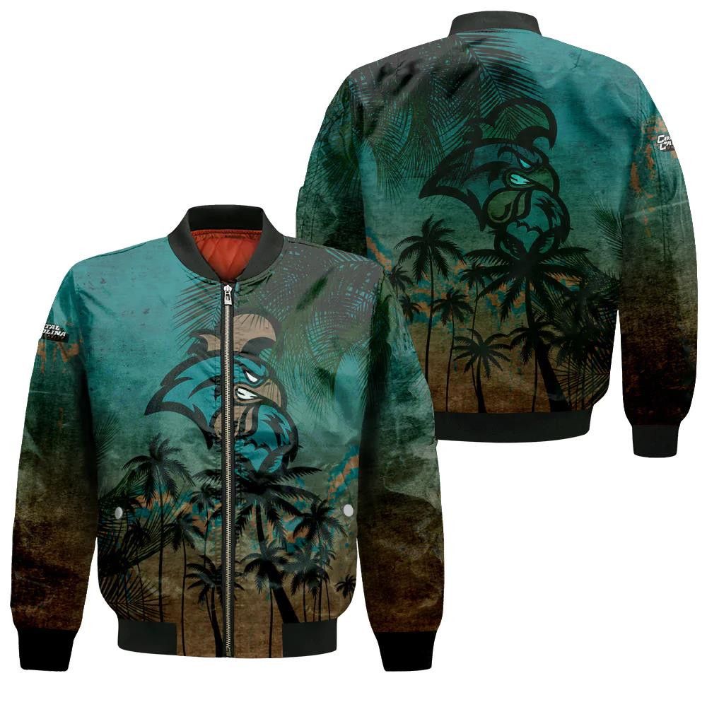 Coastal Carolina Chanticleers Bomber Jacket 3D Printed Coconut Tree Tropical Grunge