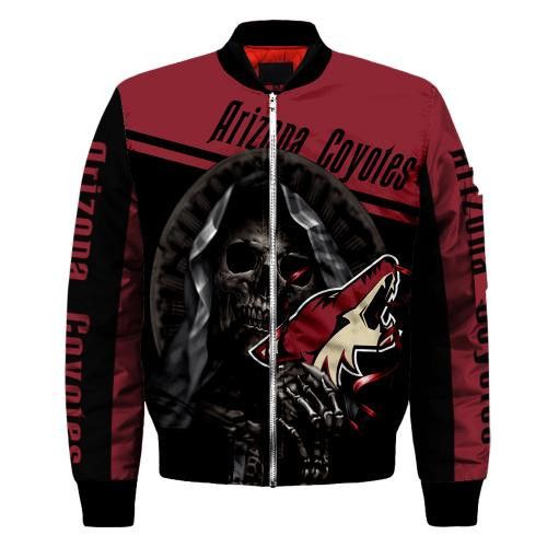 Arizona Coyotes Logo With Skull Pattern Bomber Jacket- Red/Black