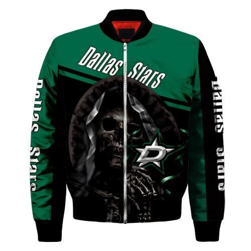 Dallas Stars Logo With Skull Pattern Bomber Jacket- Green/Black