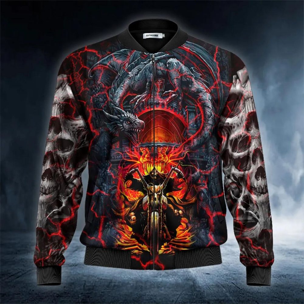 Dragon Lair Flame Biker Skull Bomber Jacket