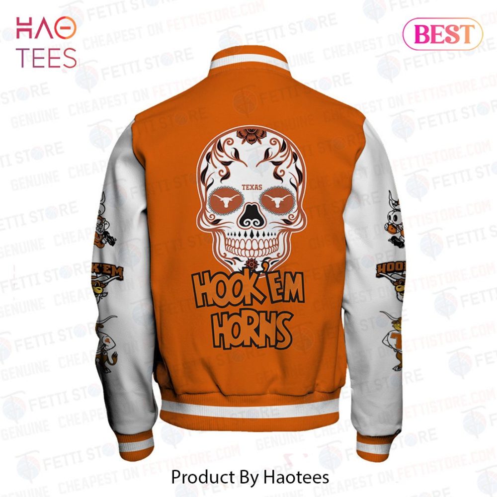 Texas Longhorns Varsity Jacket - Hook 'Em Horns Orange Skull Design, Unisex Sportswear