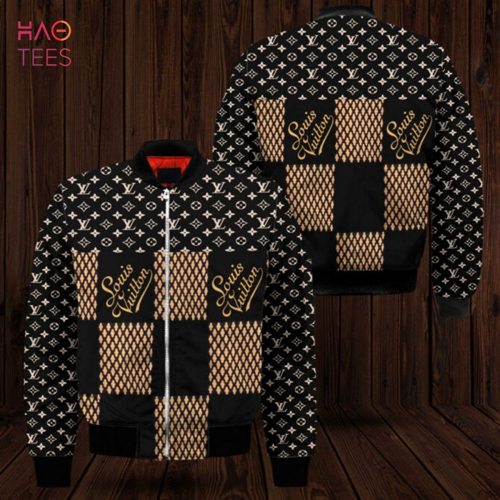 New Louis Vuitton Luxury Brand Square Pattern Stylish Designer-Inspired Bomber Jacket - Trendy Black &amp; Gold Pattern