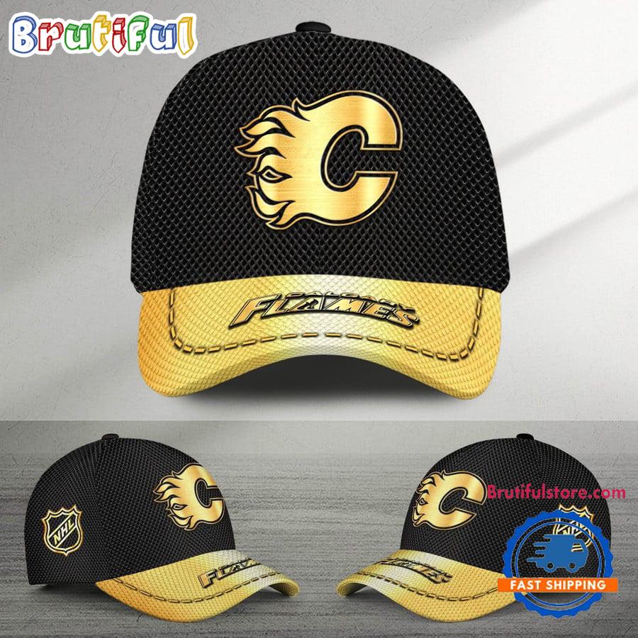 Nhl Calgary Flames Black And Gold Design Cap Hats