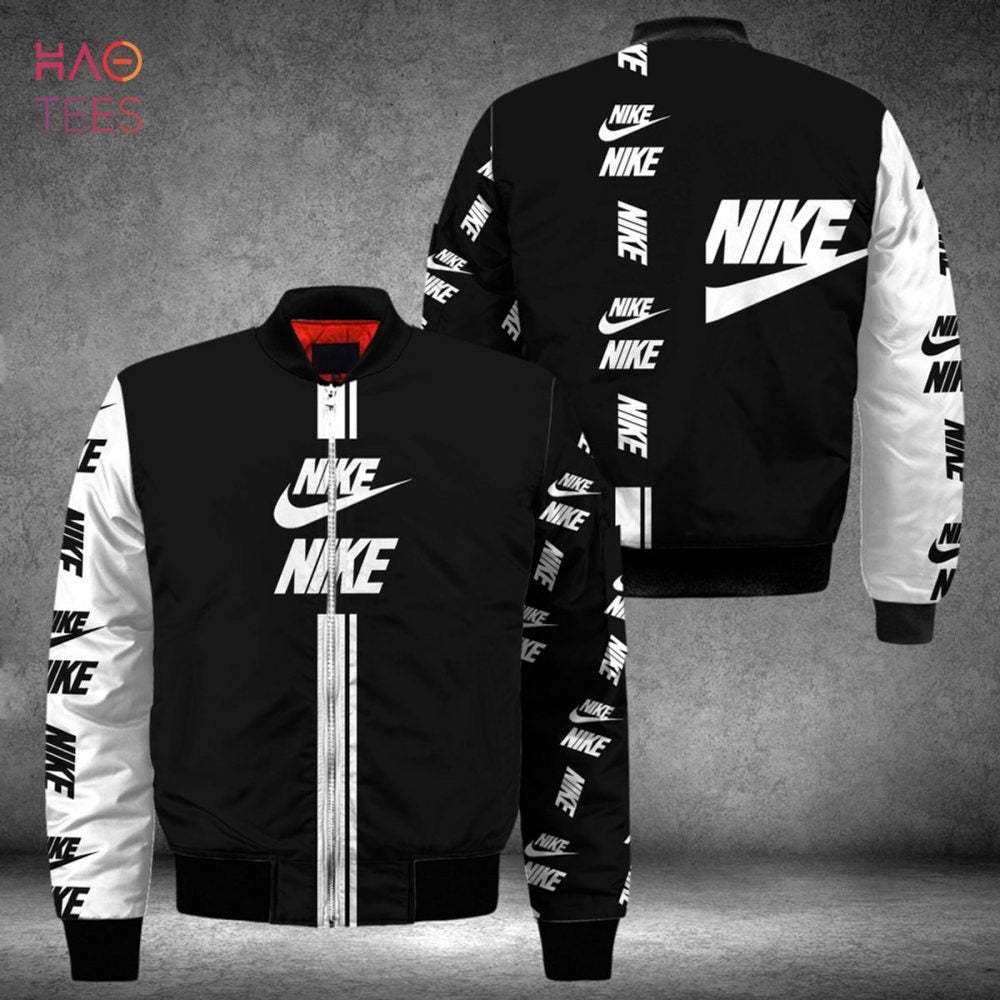 Stylish Black &amp; White Nike Logo Bomber Jacket - Unisex Fashion Outerwear For Trendsetters