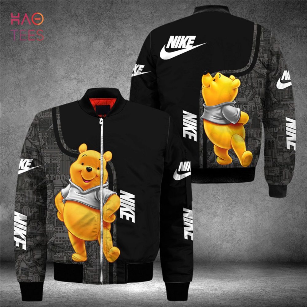 Stylish Black Nike Bomber Jacket With Cute Bear Design - Trendy Unisex Outerwear