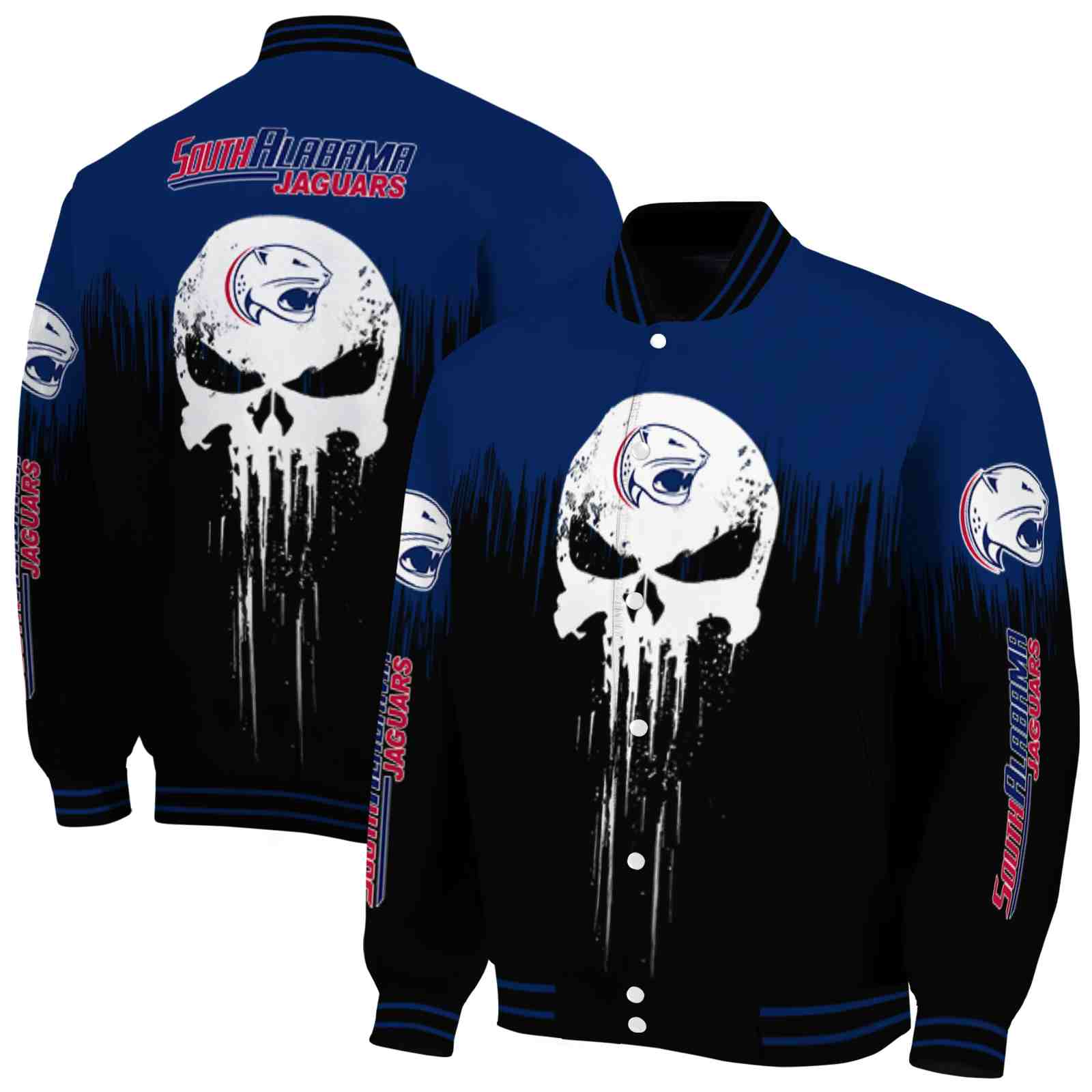 South Alabama Jaguars Punisher Skull Blue Black White Jacket