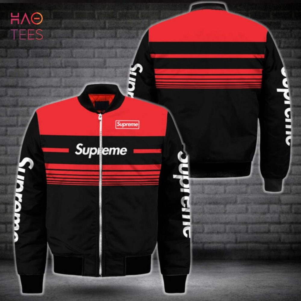 Supreme Red &amp; Black Striped Bomber Jacket - Trendy Streetwear For Men