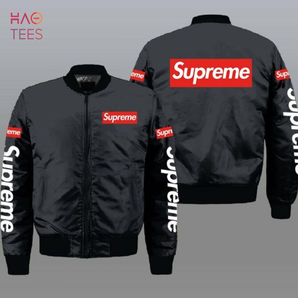 Best Supreme Luxury Brand Full Black Mix Red Logo Bomber Jacket Limited Edition